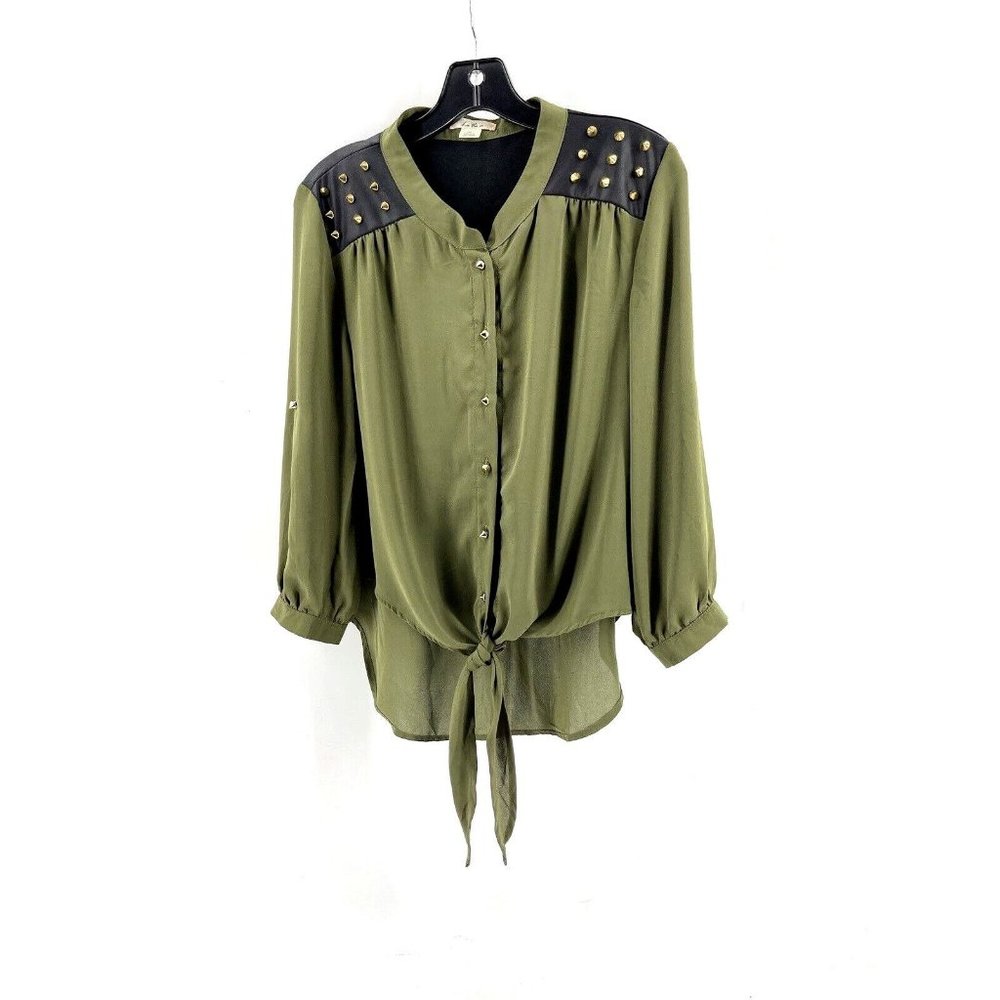 La Vie Women's Green Studded Tied Crop 3/4 Sleeve Button Shirt Top Size XL